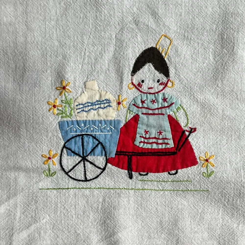 Vintage Mexican Embroidered Tablecloth Folk Art Linen 1940s Colorful Figures